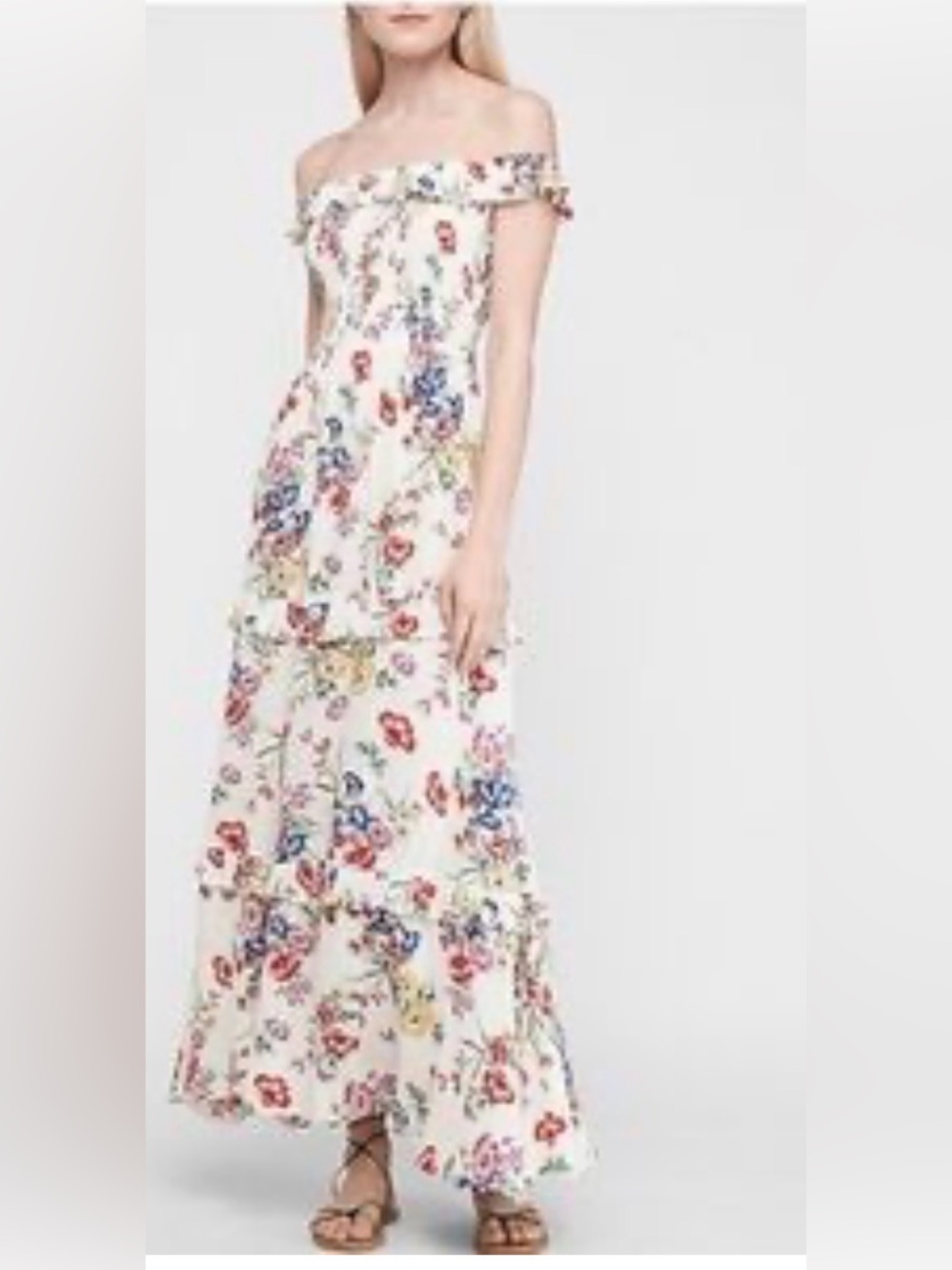 Express Ruffled Off-the-Shoulder floral Maxi Dress Sz L EUC